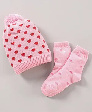 Model Woolen Cap & Socks Set Heart Design Pink - Diameter 12 cm