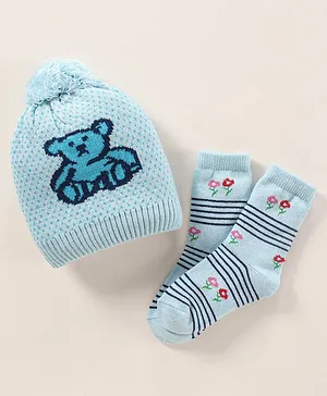 Model Woolen Cap & Socks Set Teddy Bear Design Blue - Diameter 14 cm