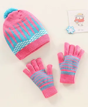 Model Woolen Cap & Gloves Set Stripes Design Pink - Diameter 11 cm