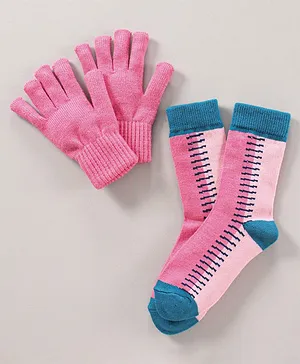 Model Woolen Gloves & Socks Set Stripes Design - Pink
