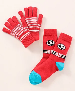 Model Woolen Gloves & Socks Set Stripes Design - Red