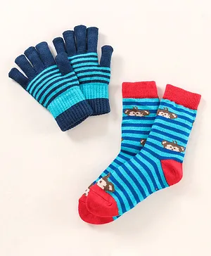 Model Woollen Blend Gloves & Socks Set Stripes Design - Blue 