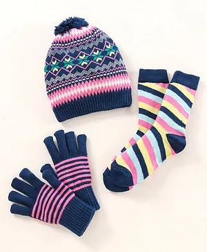 Model Woollen Blend Cap Gloves & Socks Set Stripes Design Pink Blue - Diameter 13 cm
