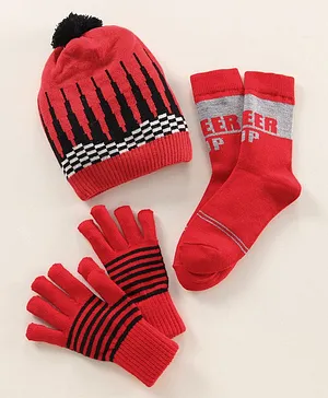 Model Woolen Cap Gloves & Socks Set Stripes Design Red - Diameter 11 cm