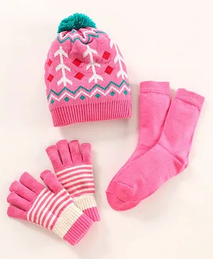 Model Woollen Blend Cap Gloves & Socks Set Stripes Design Pink - Diameter 13 cm