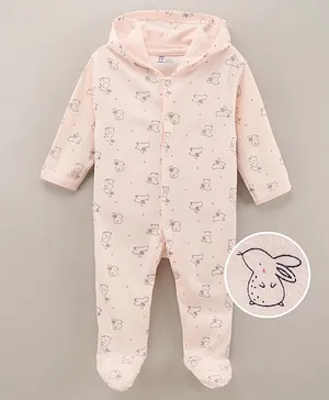 Pink Rabbit Full Sleeves Cotton Hooded Sleep Suit Rabbit Print- Peach