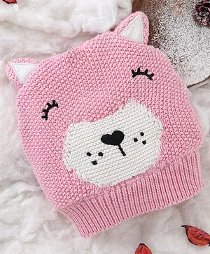 Babyoye 100% Cotton Woollen Cap Bear Embroidery Pink - Diameter 16 cm