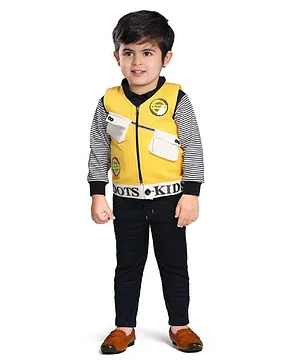 DOTSON Full Sleeves Color Blocked & Striped Hooded 3 Piece Party Suit - Yellow