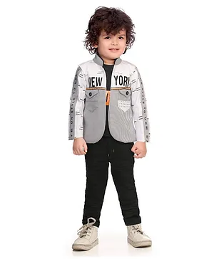 DOTSON Full Sleeves New York Text Print 3 Piece Party Suit - Grey