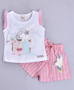 KETIMINI Rabbit Print Half Sleeves Top With Striped Shorts - Pink