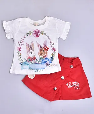 KETIMINI Half Sleeves Rabbits Printed Top & Shorts Set - Red