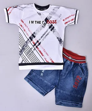 KETIMINI Half Sleeves I Am The Boss Abstract Printed Tee & Denim Shorts Set - White