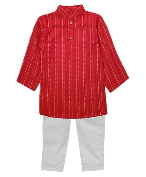 Snowflakes Full Sleeves Dashed Stripes Design Kurta & Solid Pajama Set - Red