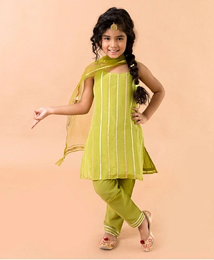 Fairies Forever Sleeveless Striped Lace Embellished Kurta With Pant And Dupatta - Green