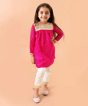 Fairies Forever Full Sleeves Bandhani Detail Lace Embellished Kurta With Pants - Pink