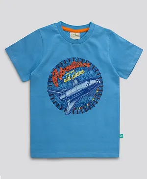 JusCubs Half Sleeves Adventures Old Plane Print T Shirt - Light Blue