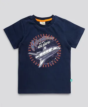 JusCubs Half Sleeves Adventures Old Plane Print T Shirt - Navy Blue