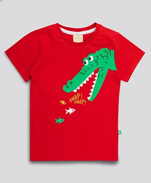 JusCubs Half Sleeves Snap Snap Crocodile Patch & Fish Embroidered Tee - Red