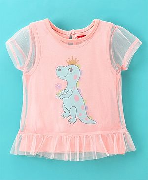 Babyhug 100% Cotton Knit Double Layered Half Sleeves Tee With Separate Outer Mesh Tee Having Dino Graphics & Frill Detailing - Pink