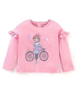 Babyhug Full Sleeves Tee with Graphics & Frill Detailing - Pink