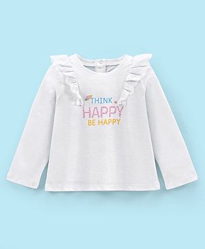 Babyhug 100% Cotton Knit Full Sleeves T-Shirt with Glitter Text Graphics & Frill Detailing - White