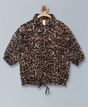 Kiddopanti Half Sleeves Leopard Print Front Tie Up Top - Brown
