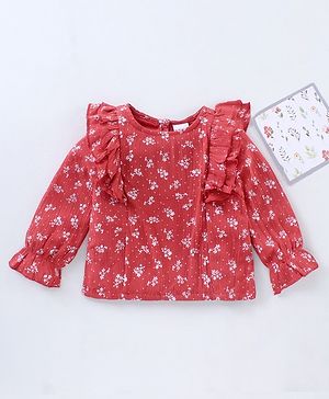 Babyhug Full Sleeves Printed Rayon Crinkle-Crepe Top With Ruffle Detailing- Red