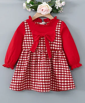 Kookie Kids Full Sleeves Checkered Frock with Corsage - Red