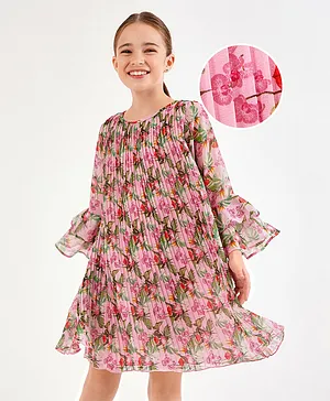 Primo Gino 100% Polyester Full Sleeves  Allover Floral Printed Pleated Party Dress - Pink