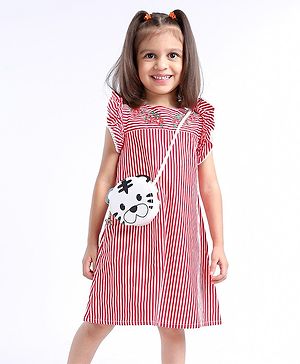 Babyhug 100% Cotton Printed Stripe Poplin Dress With Yoke Embroidery - Red