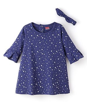 Babyhug 100% Cotton Full Sleeves Frocks With Headband Star Print - Blue