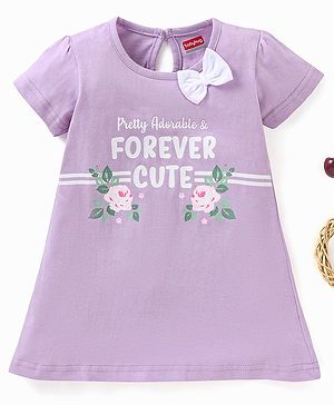 Babyhug 100% Cotton Knit Half Sleeves Text & Floral Printed Frock - Lilac