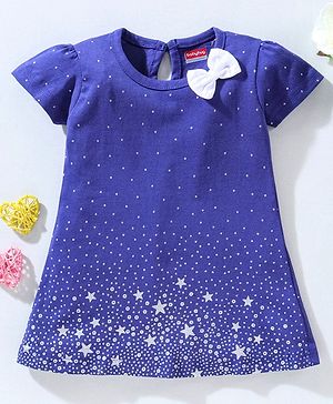 Babyhug 100% Cotton Short Sleeves Frock Stars Print - Navy Blue