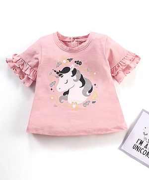 Babyhug Cotton Knit Half Sleeves Unicorn Print Tee with Frill & Glitter Detailing - Pink