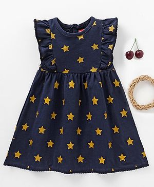 Babyhug 100% Cotton Frill Sleeves Frock Star Print - Navy Blue