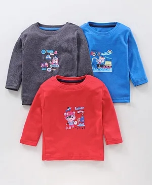 Kidi Wav Pack Of 3 Full Sleeves Animals Print T Shirts - Red Blue Grey