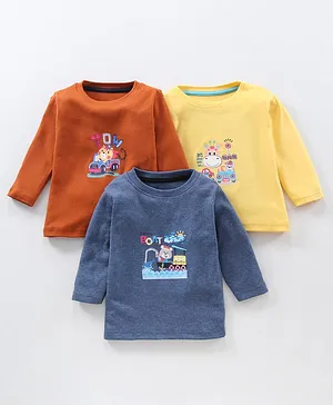 Kidi Wav Pack Of 3 Full Sleeves Animals Print T Shirts - Yellow Brown Blue