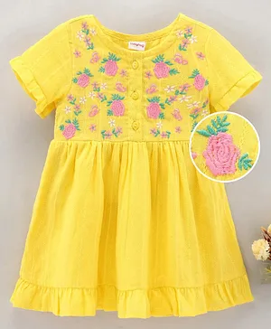 Babyhug Half Sleeves Cotton Frock With Floral Embroidery- Yellow