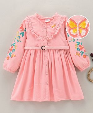 Babyhug Full Sleeves Floral Embroidery Dress With Belt - Pink