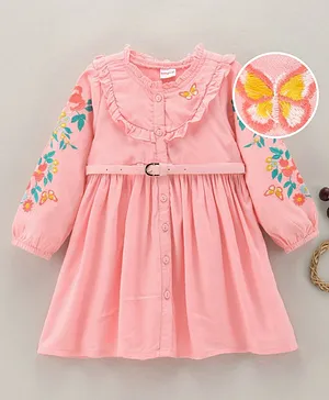 Babyhug Full Sleeves Floral Embroidery Dress With Belt - Pink