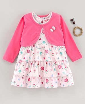 Babyhug 100% Cotton Frock With Shrug Floral Print - Pink