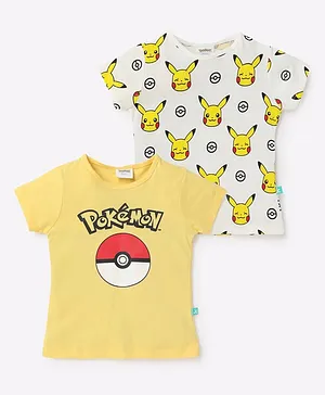 JusCubs Pack Of 2 Pokemon Text & All Over Pikachu Printed Tees - Yellow & White