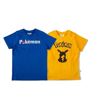 JusCubs Pack Of 2 Half Sleeves Pokemon Text & Pikachu Placement Printed Tees - Blue & Yellow