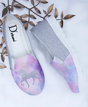 D'chica Glitter & Tie Dye Unicorn Print Casual Wear Slip On Shoes - Silver & Multi Color