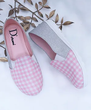 D'chica Glitter & Gingham Chequered Print Casual Wear Slip On Shoes - Silver & Pink