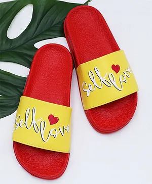 D'chica Self Love & Heart Print Open Toe Flip Flops  - Red & Yellow