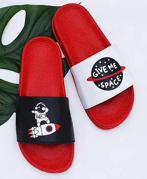 D'chica Give Me Space & Astronaut Print Open Toe Sliders - Red Black & White