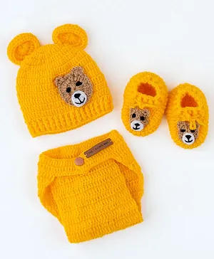 The Original Knit Teddy Embellished Cap With Coordinating Booties & Diaper Cover - Yellow