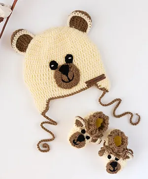 The Original Knit Teddy Bear Embellished Handmade Cap With Coordinating Booties - Off White & Beige