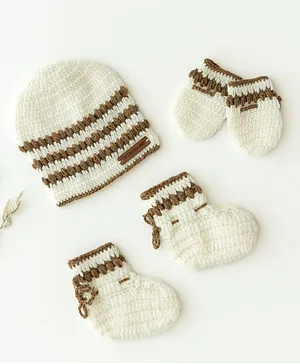 The Original Knit Striped Handmade Cap With Coordianting Booties & Mittens - White & Brown